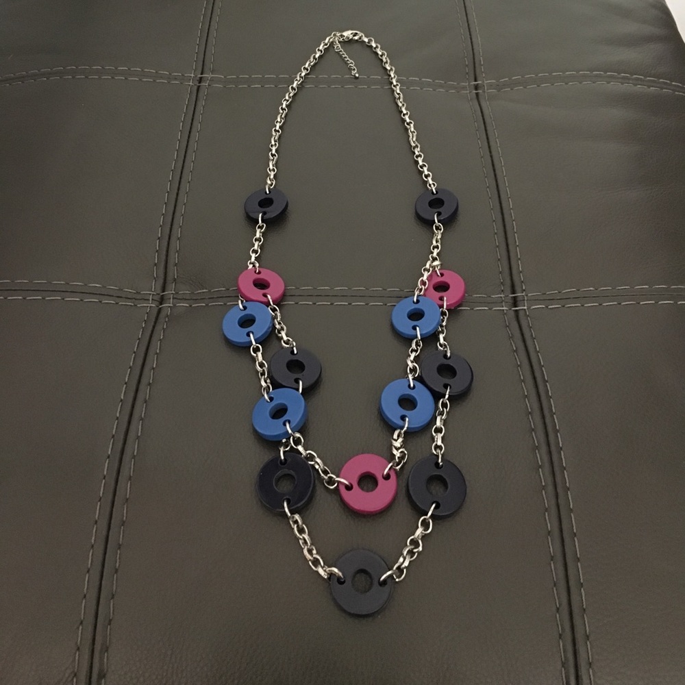 2-tier Silver Necklace with Colored Circles (15”)